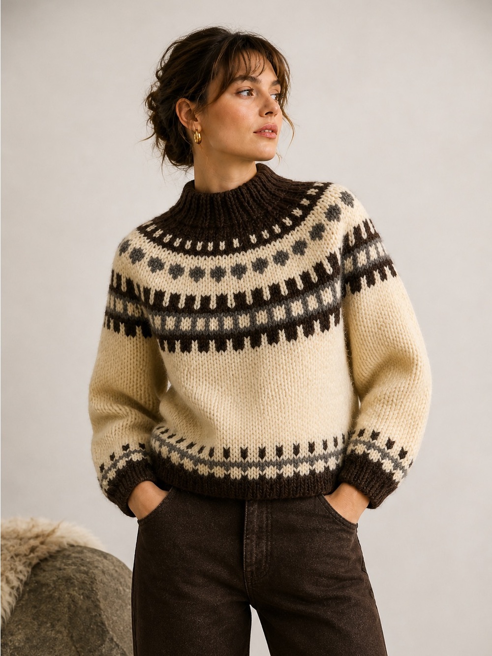 Vintage Icelandic Lopapeysa Wool Sweater Álafoss Lopi Yoke‎ Cream Brown M